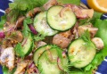 Маринованный салат с огурцами, грибами и луком